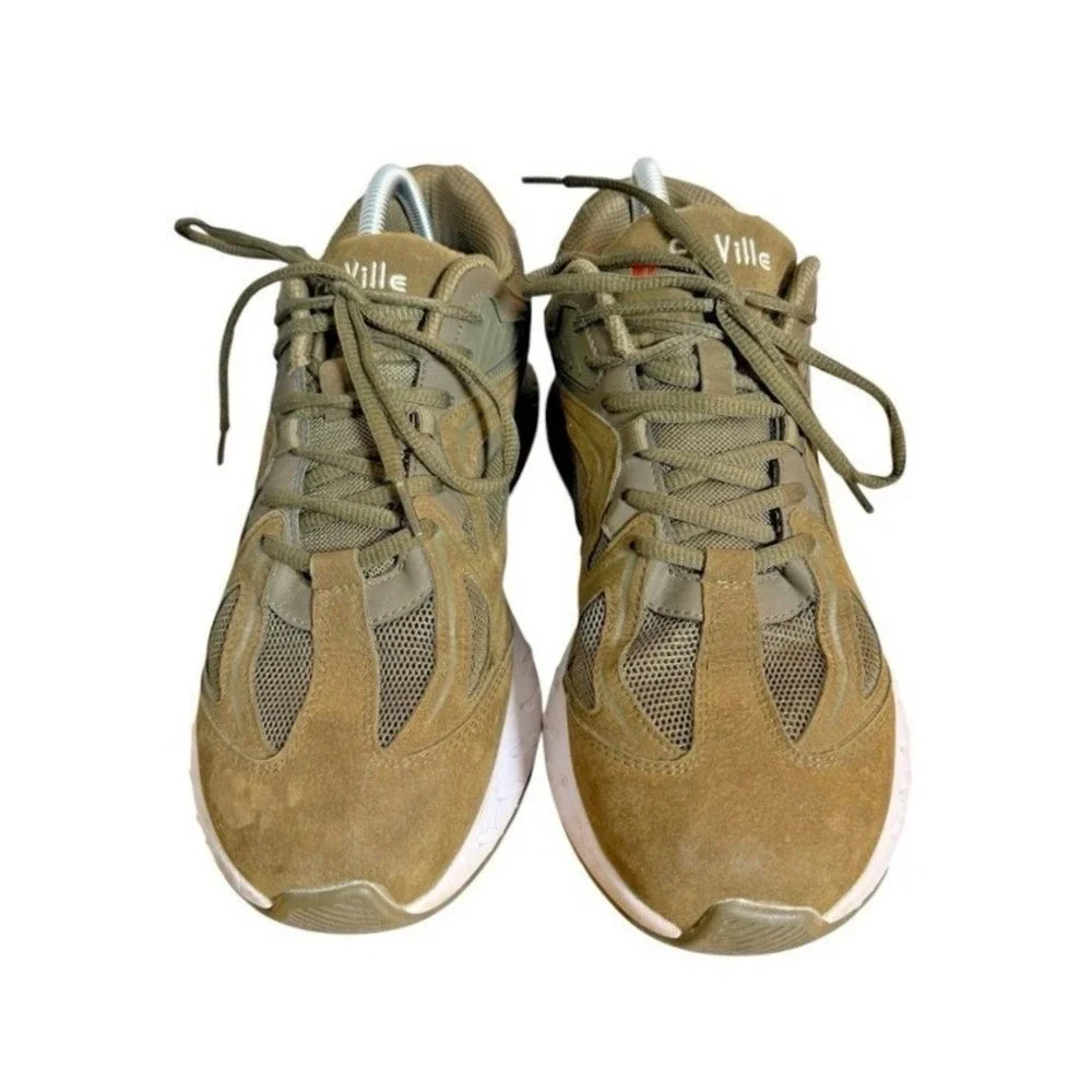 FitVille Marca Mens 9.5W Pre-Owned Running Shoes Olive Green Suede Trainers‎